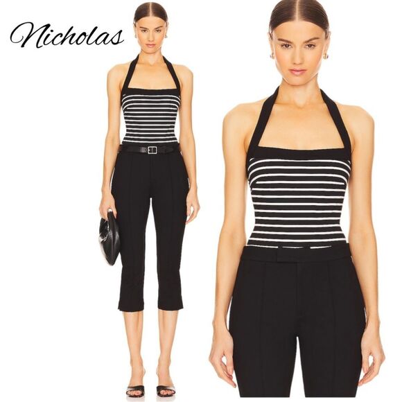 Nicholas Black and White Striped Bodysuit Sz M Like New - Picture 2 of 11